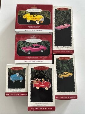 Hallmark Keepsake Ornament Collector's Series Car Pink, Yellow, Blue, Red.